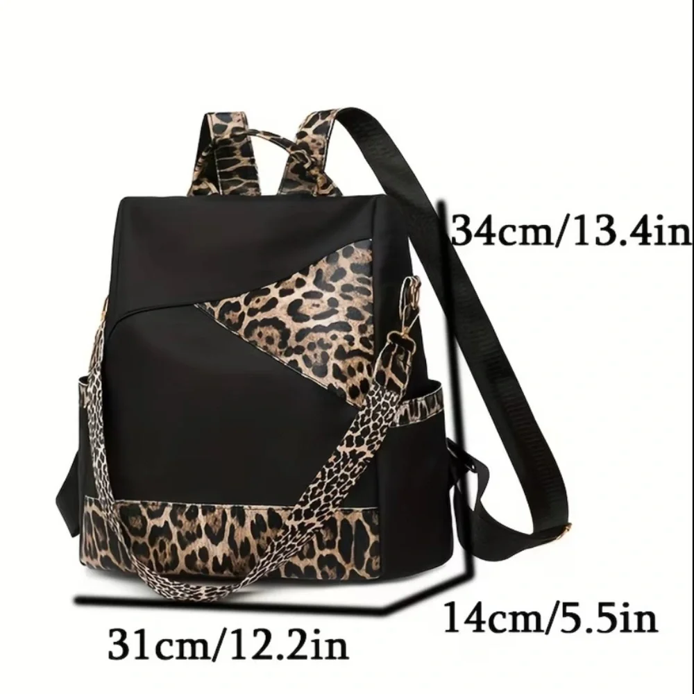 Black and Leopard Print Nylon Backpack Back Entrance with Shoulder Strap NWT